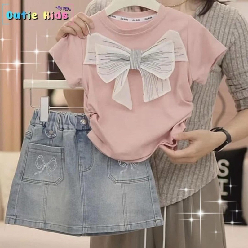 ชุดเซ็ตกระโปรงลายโบว์น่ารักรุ่นกระโปรงยีนส์