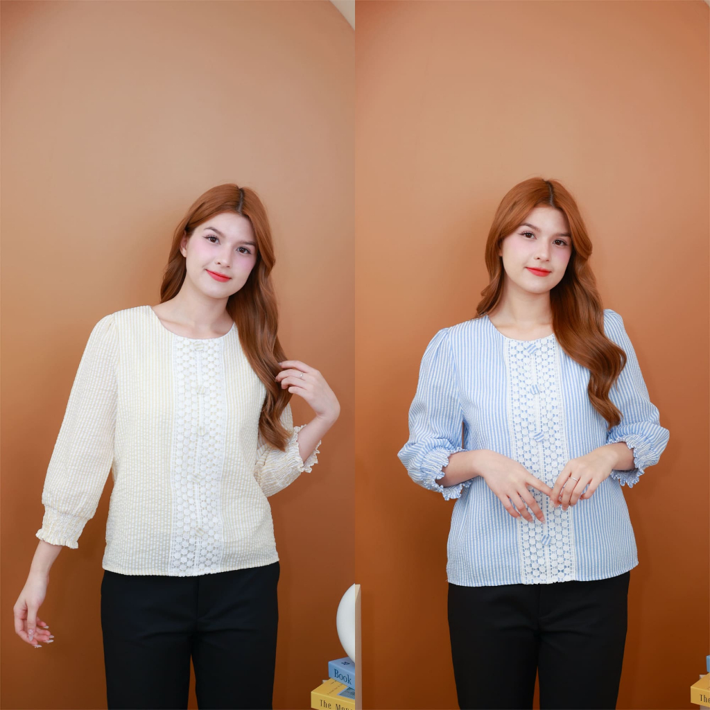 K903/K553 เสื้อลายริ้วสีครีม/สีฟ้า แต่งเทปลูกไม้และกระดุม มีซับใน