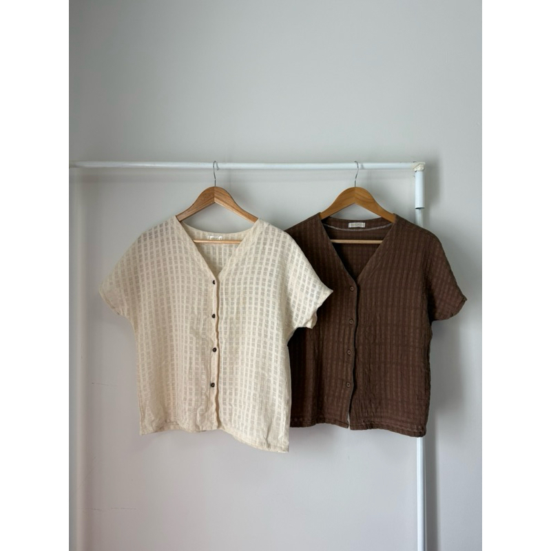 butter top เสื้อแขนสั้น เสื้อผ้าตาสามเส้น ผ้าฝ้าย