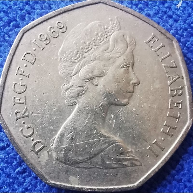 เหรียญ​อังกฤษ​ UK, 50 Pence,(รุ่น​เก่า​เหรียญ​ใหญ่), #​3282, ใช้แล้ว