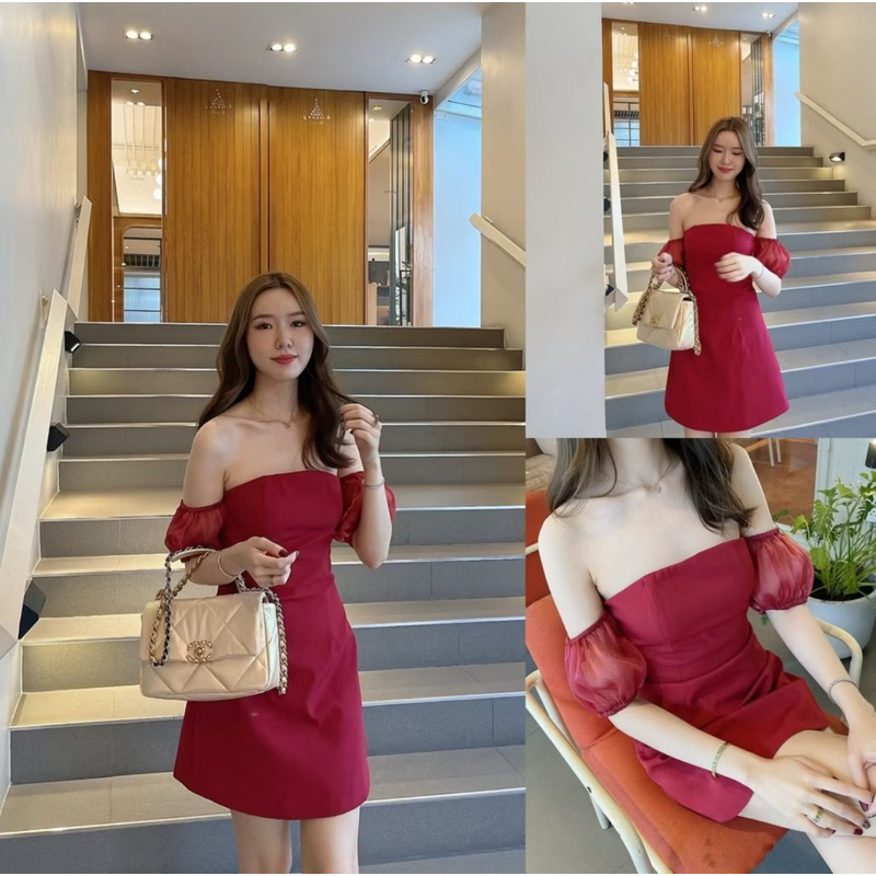 [พร้อมส่ง] เดรสแดง SLYQ CABERNET ORGANZA SLEEVE DRESS เดรสเกาะอกแขนตุ๊กตาผ้าออแกนซ่า ชุดเดรสสีแดง