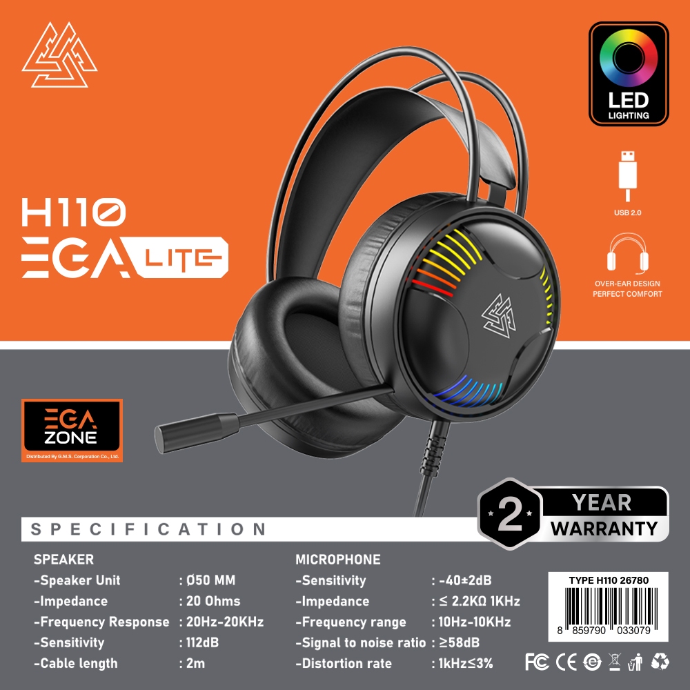 หูฟังเกมมิ่ง Gaming Headset สาย USB2.0 ขนาดใหญ่ ใช้งานง่าย มีไฟ LED EGA LITE TYPE H110 [ประกัน 1 ปี] เสียงดี มีไฟ