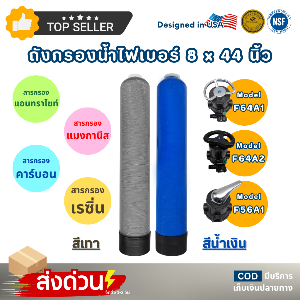 ถังกรองน้ำ Fiber Tank 8"x44" พร้อม Manual Valve ถังไฟเบอร์กลาส F64A1 F64A2 F56A1 ครบชุด