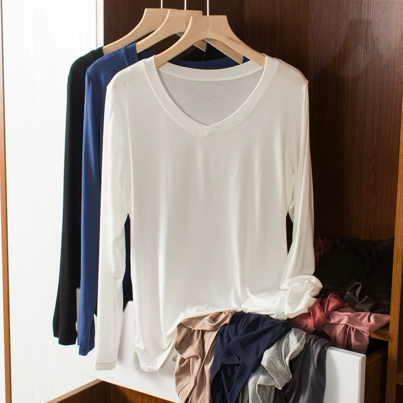 เสื้อยืด( แขนยาวคอวี) โอเวอร์ไซด์อก 44ถึง 60ผ้าเรย่อนนิ่มยืดใส่สบาย