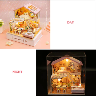 (🇹🇭พร้อมส่ง) บ้านจิ๋วDIY บ้านตุ๊กตา พร้อมครอบกันฝุ่น โมเดลบ้านตุ๊กตา ประกอบเอง ส่งไว