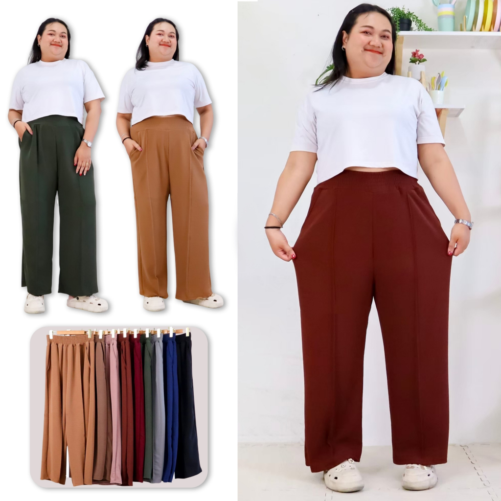 กางเกงขายาว ไซส์ใหญ่ จัมโบ้ ทรงกระบอกใหญ่ เอวสูง ผ้าวูลเวฟ ผ้ายืดได้เยอะ ใส่ได้ทั้งชายและหญิง 666#