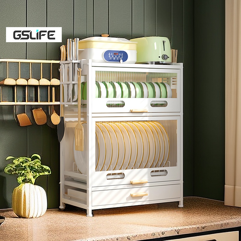 GSlife ชั้นวางจานคร่อมไมโครเวฟ ตู้วางของครัวพร้อมถาดรองน้ำ ขาวชั้นวางของในครัว