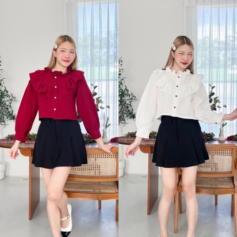C80 เสื้อแขนยาวคอระบาย ผ้าครัช พร้อมส่ง