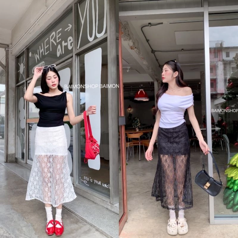 💰 MahahengCloset 💰กระโปรงยาวลูกไม้ ลายดอกกุหลาบ🌹มีซับใน ผ้านิ่มสวย ใส่สบาย เป็นเอวยางรอบ ติดซิบข้าง 🌸