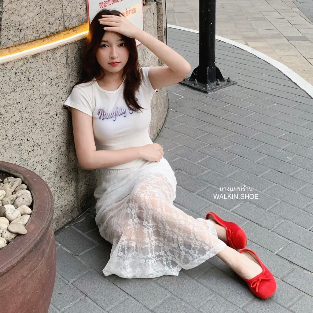 (พร้อมส่งจากไทย) รองเท้าเปิดส้นมีโบว์ สีแดง รุ่น JANE