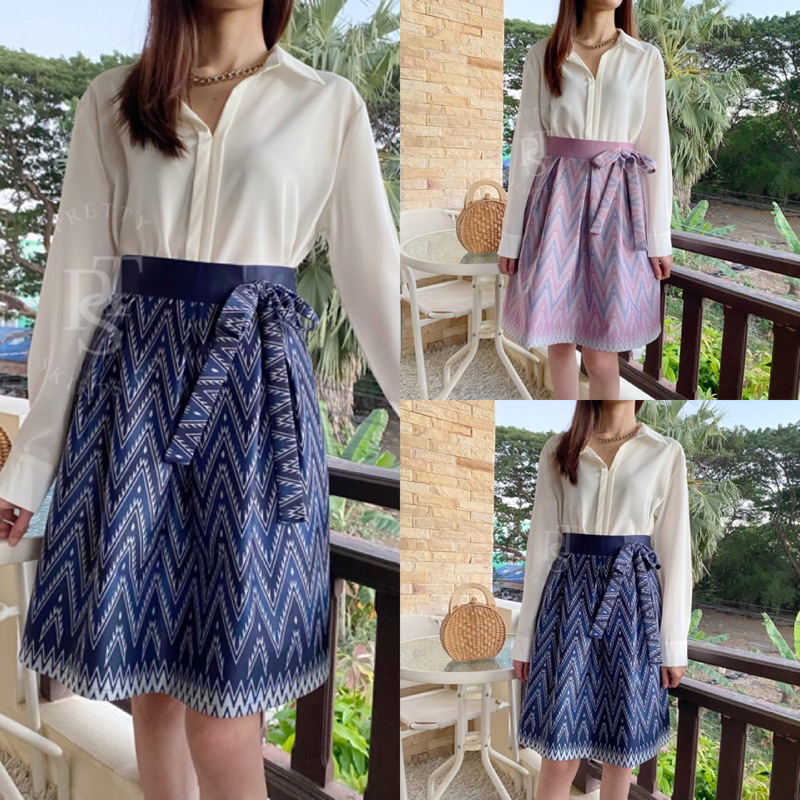 กระโปรงลายไทยจีบทวิชรอบตัว ยาว 22 นิ้ว (XS-3XL)