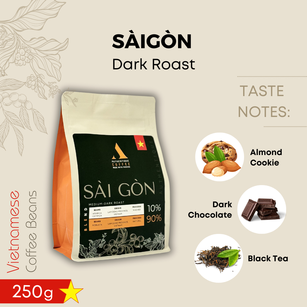 Authentique เมล็ดกาแฟ SAIGON Medium Dark Roast  (10% Arabica, 90% Robusta) Almond, Caramel, Dark Cho