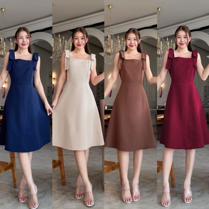 C92-1ชุดเดรสยาวสายเดี่ยวแต่งโบว์ที่ไหล่งานป้ายLalarlan