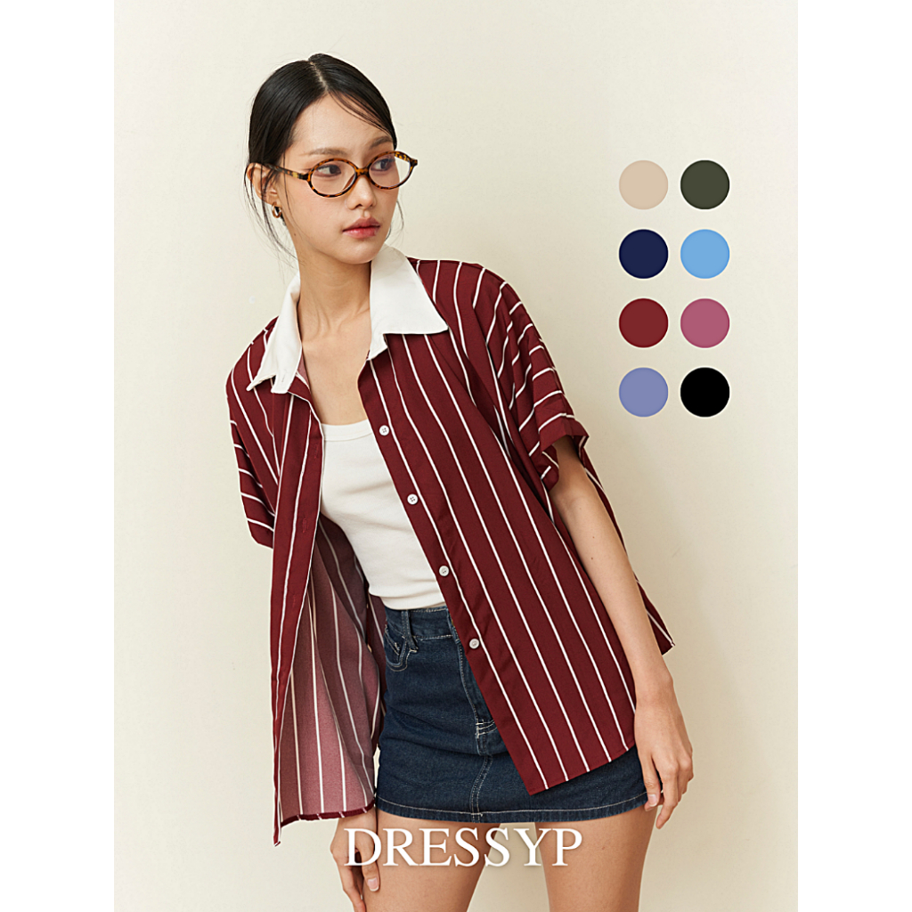 Japanese Striped Silk เสื้อเชิ้ตคอปกทูโทน แขนล้ำ ลายริ้ว มี 8 สี DRESSYP-DP323