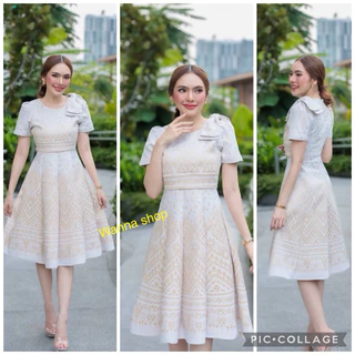เดรสผ้าไทยสีขาวงาช้าง ผ้าทอลายเทียนหยด แต่งโบว์ไหล่และทรงกั๊ก พร้อมส่ง