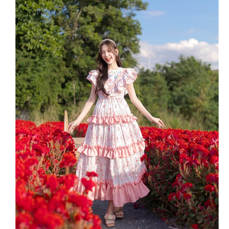 (มี2XL) Kanok Naree Dress เดรสยาววินเทจผ้าคอตตอนแขนระบาย กระโปรงระบายตัดต่อ ซิปหลัง มีซับใน น้ำหนักเบา