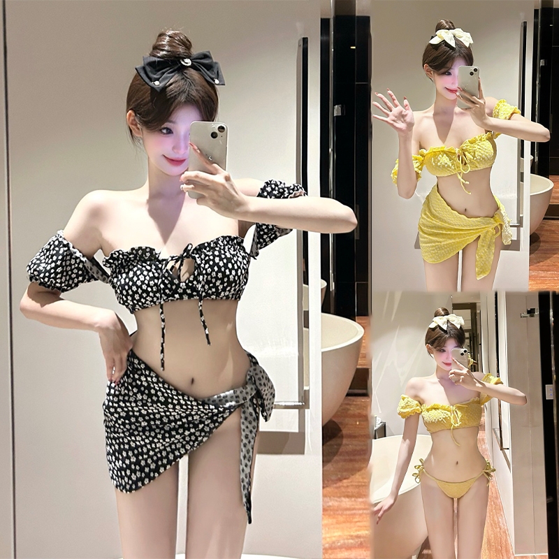 ส่งไวจากไทย🎈ชุดว่ายน้ำผู้หญิง เซ็ท3ชิ้น ชุดบิกินี่สำหรับสาวฮอต bikini set ลายดอกไม้น่ารัก มีฟองน้ำ