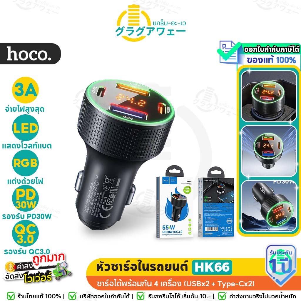 Hoco HK66 หัวชาร์จในรถยนต์ 4 ช่อง มีจอบอกแรงดันไฟ จ่ายไฟสูงสุด 55 วัตต์ รองรับชาร์จเร็ว PD 30W + QC 3.0  Car Charger hc7