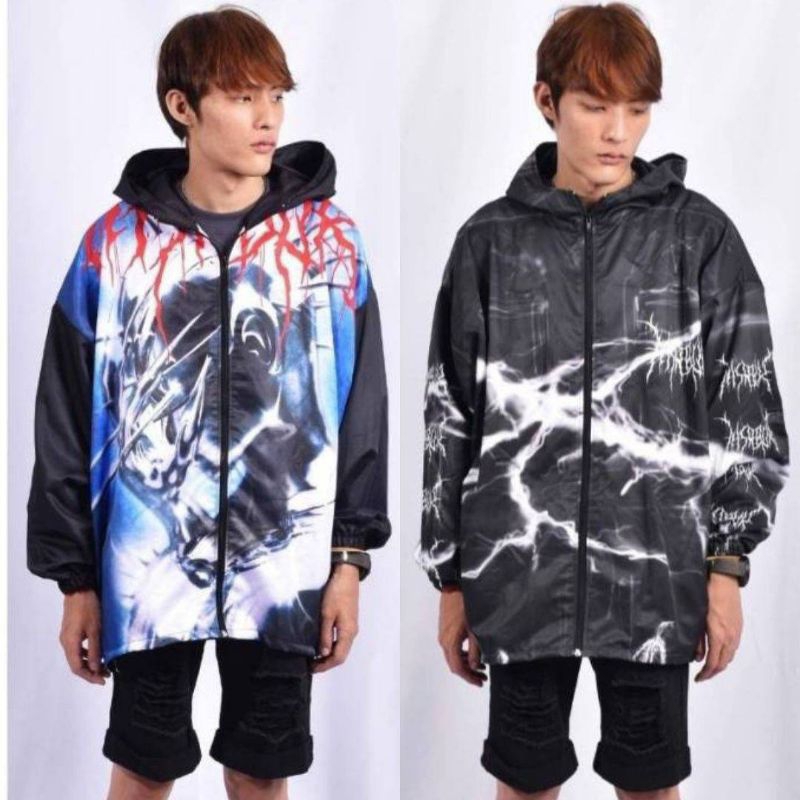 AUSAWALUK  เสื้อผ้าร่มแขนยาวลายสตรีท ✨ Oversize เสื้อแขนยาวผ้าร่มมีฮู้ด