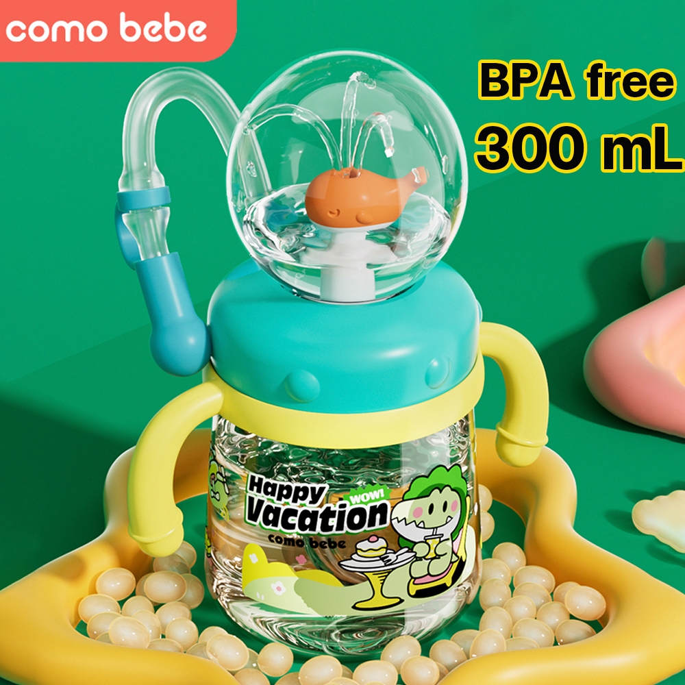 COMO BEBE แก้วน้ำเด็ก 300ml พร้อมสายสะพาย ด้ามจับ Tritan BPA Free แก้วปลาวาฬพ่นน้ำ สำหรับเด็กหัดดูด