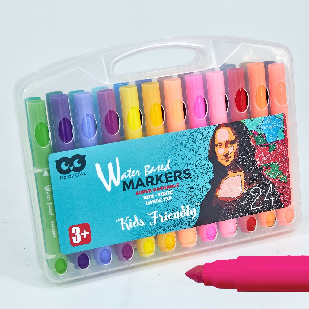 Nerdy OWL Super Washable Markers 24 colors ปากกาสีเมจิกสูตรน้ำสำหรับเด็ก 24 แท่ง ล้างออกง่ายมาก ปลอดสารพิษ จาก Nerdy Owl