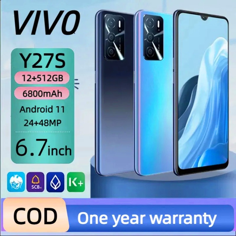 สมาร์ทโฟนดั้งเดิม VIV0 V27S 5G โทรศัพท์ Android 6.7 นิ้ว 12GB + 512GB Android11 ​​6800mAh การรับประก