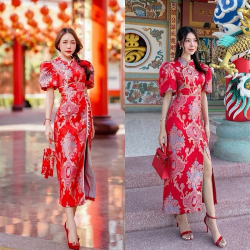 AB006 เดรสกี่เพ้า กี่เพ้า ชุดกี่เพ้าแขนพอง