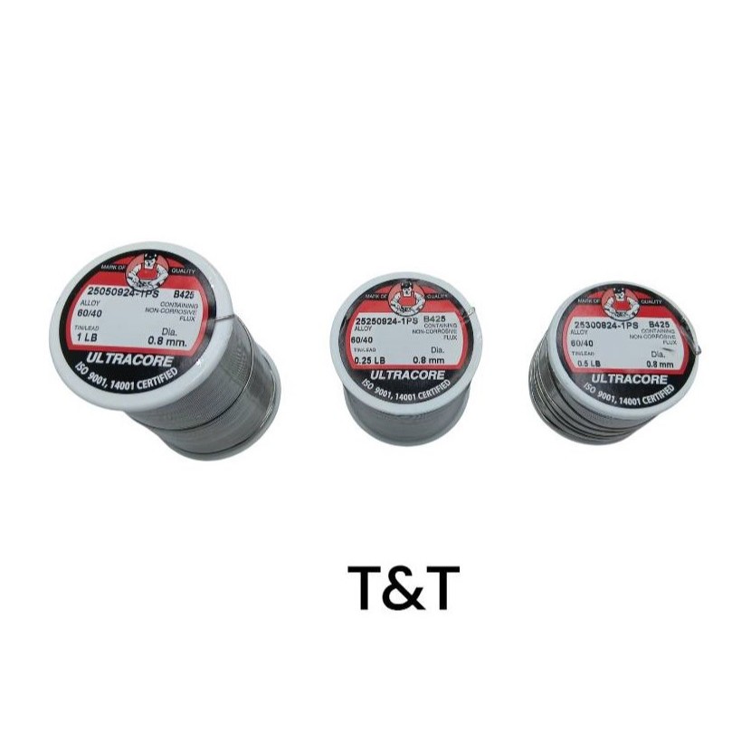 ตะกั่วบัดกรี โลหะบัดกรี ULTRACORE 0.8 มิล น้ำหนัก 0.25 0.5 1.00 lb ดีบุก60/ตะกั่ว40 ISO 9001 14001