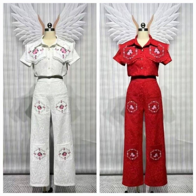 288 ขาวมีM[ปกติ]เสื้อ21"กก39"เซตกางเกงขายาวลูกไม้คอปัก