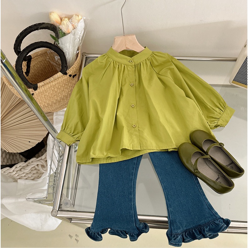 B346 ชุดเซ็ตเสื้อคอจีนสีเขียว+กางเกงขายาวสีน้ำเงิน