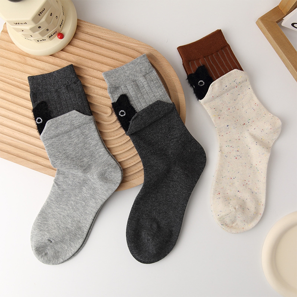 ถุงเท้าข้อยาวลายแมว ทูโทนแฟชั่นเกาหลี ใส่สบาย size 36–44 [Meawnimal]