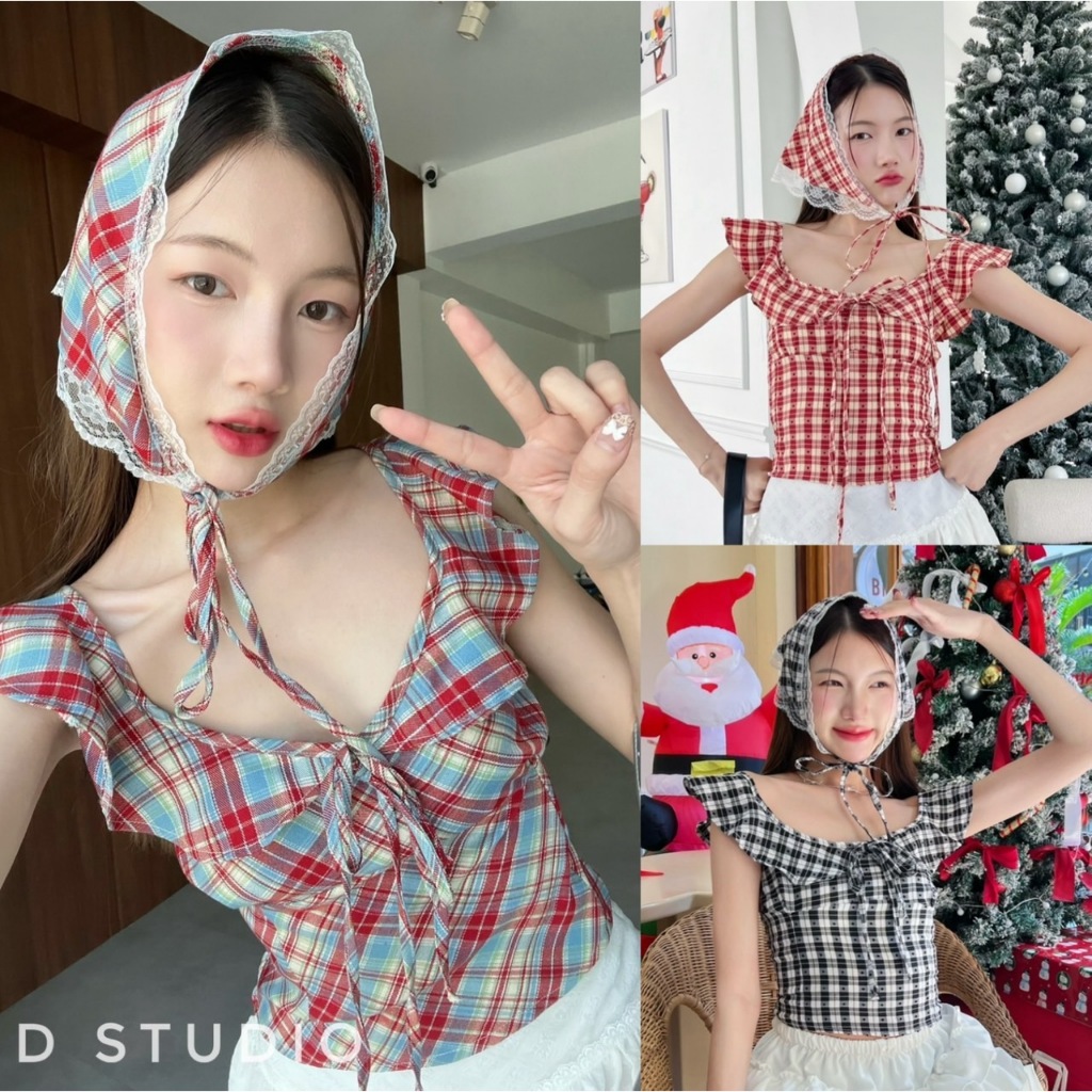 เสื้อครอปผู้หญิง เสื้อครอปผ้าลายสีแดงแต่งระบายน่ารัก (มีผ้าโพก) สีแดง/ตรุษจีน/กี่เพ้า สายคาเฟ่ ป้าย PROD (PR003).