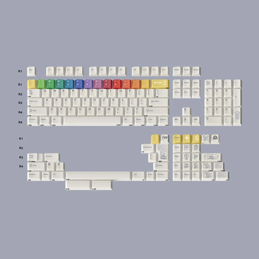 คีย์แคป FBB PBT dye sublimation Rain Grey White 185 keys Cherry Profile สำหรับ Mechanical Keyboard Keycap Keyset