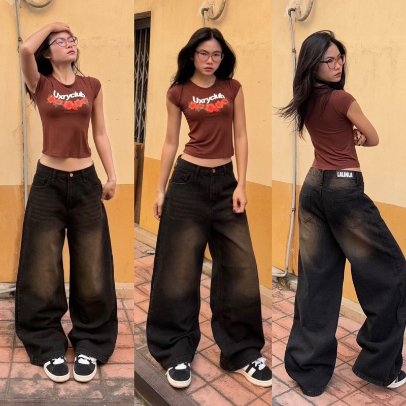 BAGGY JEANS   กระบอกใหญ่สีดำเฟดน้ำตาล