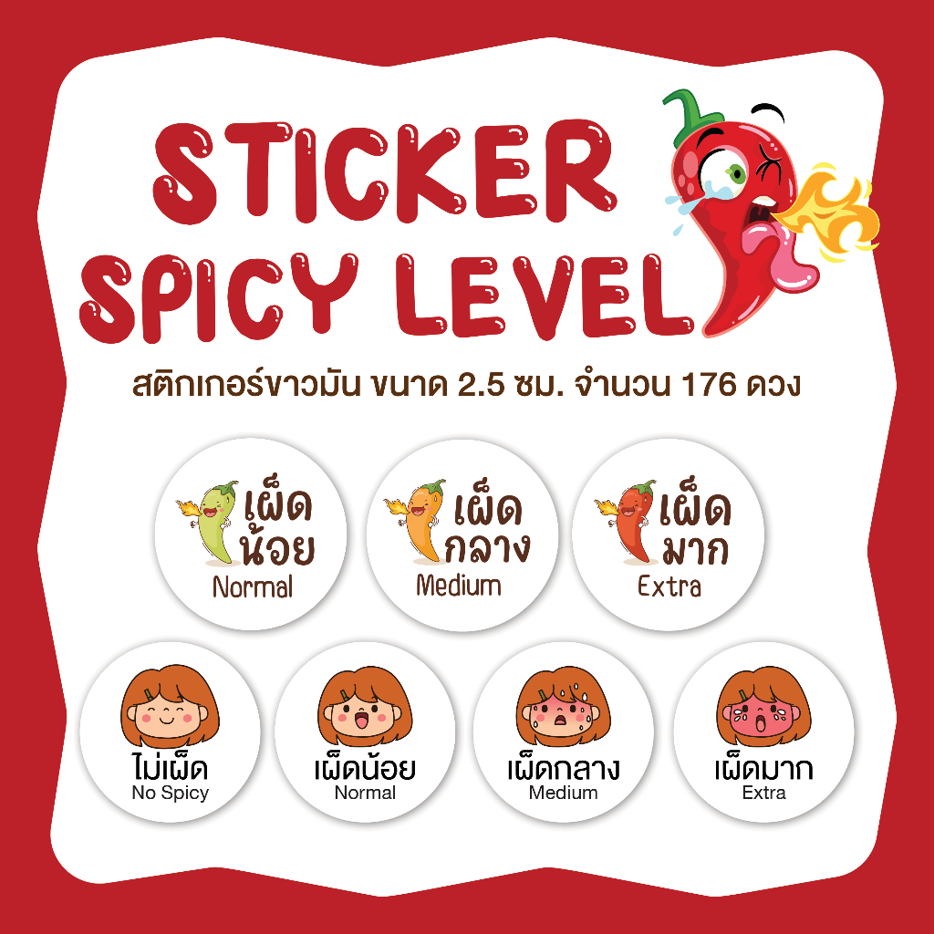 สติกเกอร์ระดับความเผ็ด มีแบบไม่เผ็ด เผ็ดน้อย เผ็ดกลาง เผ็ดมาก ขนาด 2.5 ซม. จำนวน 176 ดวง