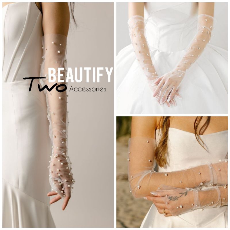 ถุงมือเจ้าสาว/เหมือนมือปาร์ตี้ผ้าโปร่งบางเบาประดับมุกสวยหวาน
