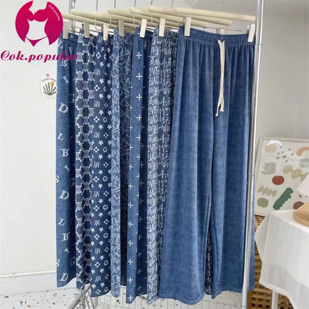 YY20 กางเกงยีนขากว้างลําลอง ผ้าเรยอน เอวสูง ทรงตรง พิมพ์ลาย แฟชั่นฤดูร้อน สําหรับสตรี COK