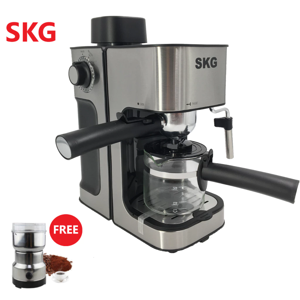 SKG เครื่องชงกาแฟสด 800W 0.2ลิตร ถ้วยกรอกจุ 4ช๊อต รุ่น SK-1209 สีเงิน ฟรีเครื่องบดกาแฟ