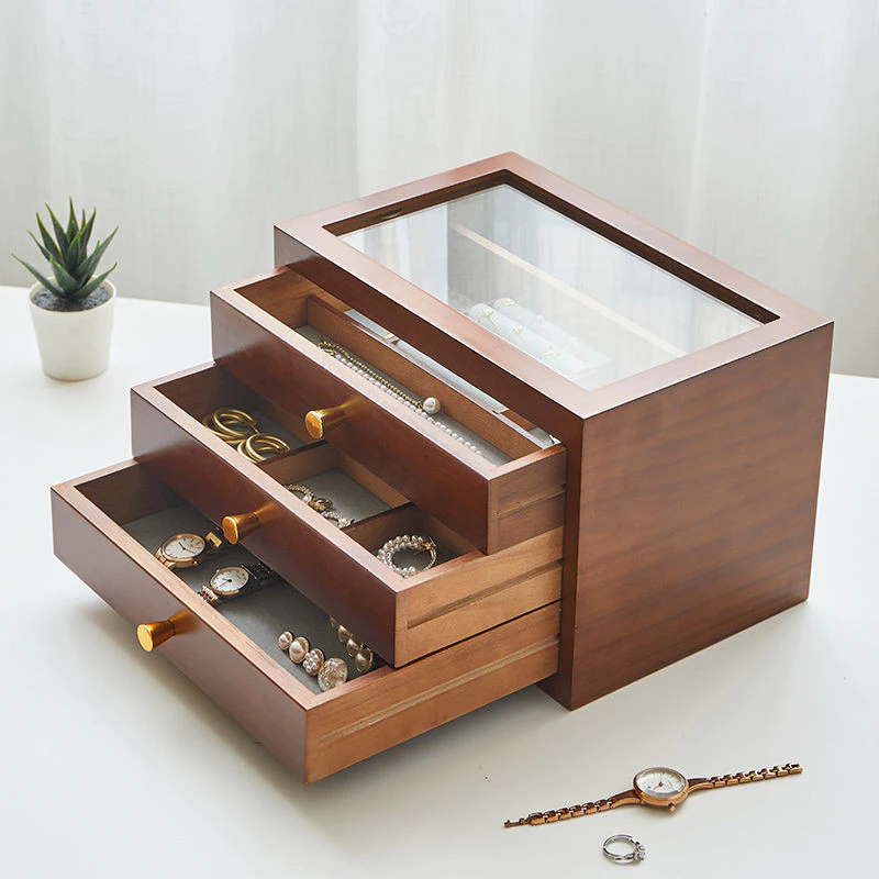 【meters_bonwe】กล่องเครื่องประดับไม้เนื้อแข็งกล่องเก็บสก์ท็อปต่างหูหลายชั้นความจุขนาดใหญ่ความจุขนาดใหญ่บ้านย้ 3-4 ชั้น