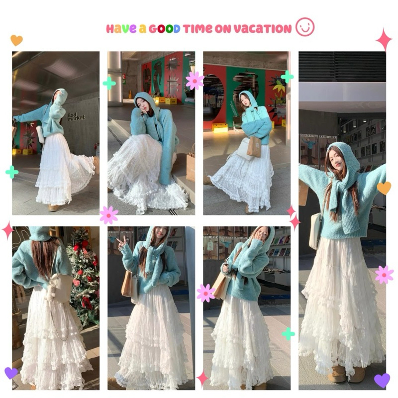 KIMKIM พร้อมส่งในไทย กระโปรงยาว ผ้ามุ้งเกาหลี ระบายชั้นๆเฉียง มีพื้นกับดอก มีซับ เอวสม็อก​26-36″สะโพก46″  ยาว34″ ราคา ถูกที่สุด ดีลบีเคเค แกลเลอรีภาพที่ 3