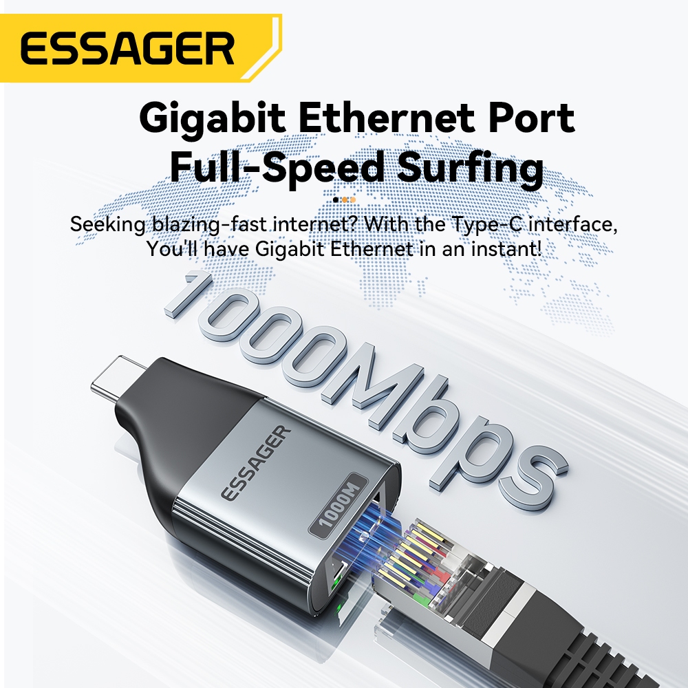Essager 1000M RJ45 to Type-c อะแดปเตอร์พอร์ตเครือข่าย รองรับหลายระบบ