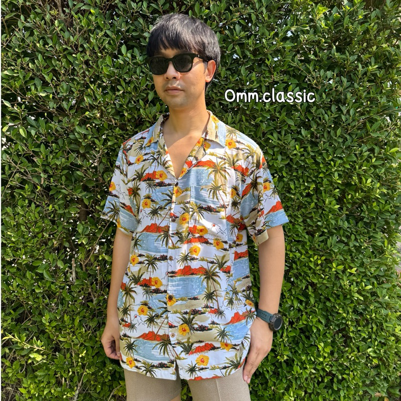 เสื้อฮาวายผ้านิ่ม(สปันเรยอน)ลายทะเลพื้นขาว