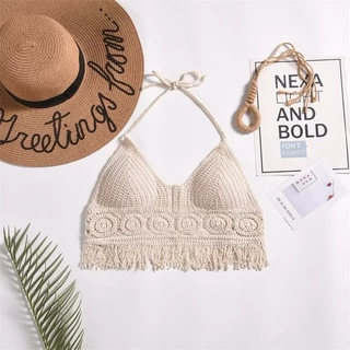 SGH0246 บราสายเดี่ยว แบบถักไหมพรม สไตล์โบฮีเมียน งานสวย ลุคเซ็กซี่ มีฟองนํ้าในตัว ใส่ไปทะเล