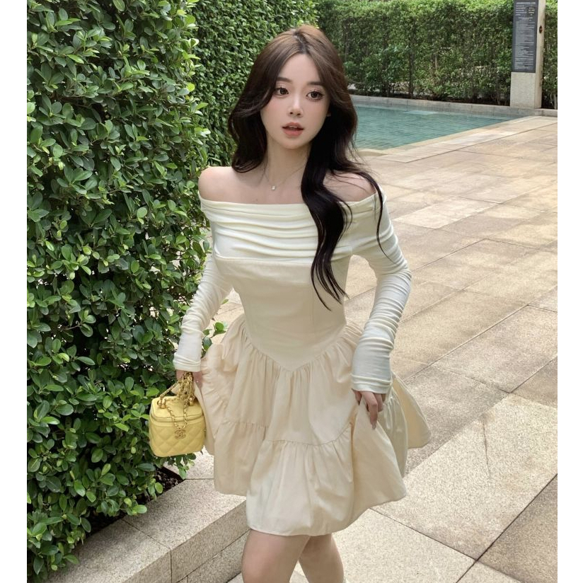 💗เดรสไหล่เดียว💗 เดรสแขนยาว เดรสทรงตู่ ทรงบัลเล่ต์ฝรั่งเศส สไตล์สาวหวาน กระโปรงเว้าไหล่