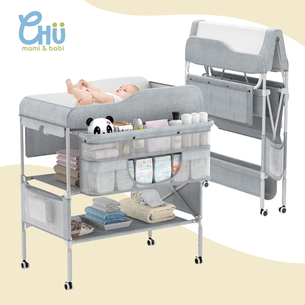 CHU mami babi โต๊ะเปลี่ยนผ้าอ้อม พับได้ ที่เปลี่ยนผ้าอ้อม เตียงเปลี่ยนผ้าอ้อมเด็ก CH_049 มีล้อลาก ล็อคได้