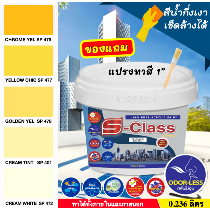 เอสคลาส สีทาบ้าน สำหรับทาภายนอกและภายใน สีน้ำอะคริลิค ขนาดถัง 17.5 ลิตร เฉดสีเหลือง สีครีม ฟรีลูกกลิ้งทาสี