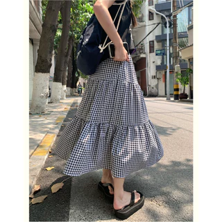 Beryl🍒กระโปรงทรงเอ🌻กระโปรงยาวผู้หญิงสง่างามสีขาวสไตล์นางฟ้า，สีพื้น，ลายสก็อต