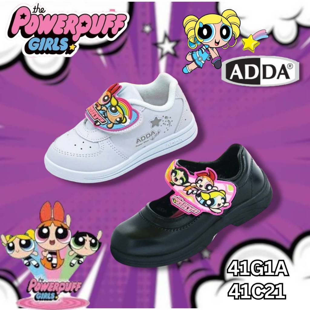 ADDA รุ่นใหม่ ปี 2025 ลายพาวเวอร์พัฟฟ์เกิร์ล รองเท้านักเรียนหญิง ดำ ผ้าใบ รุ่น41C21/41G1A