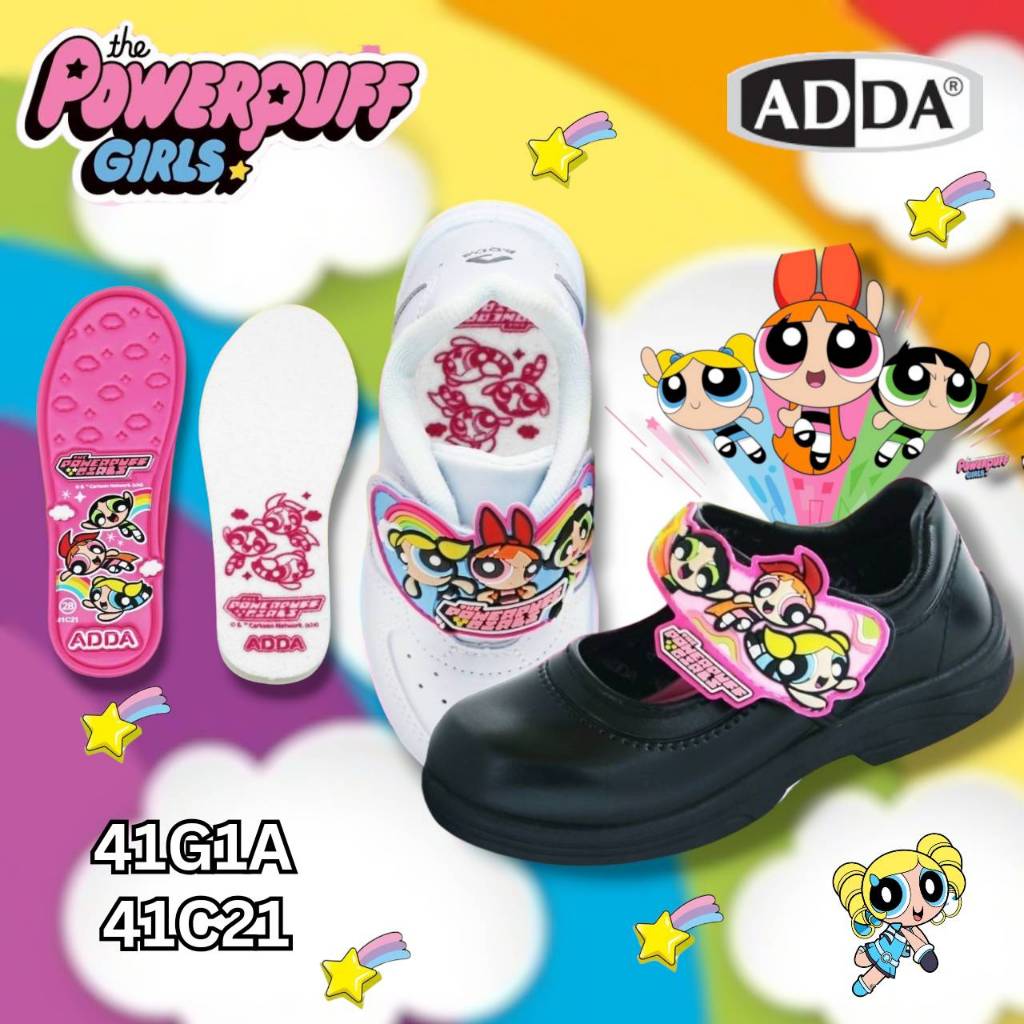 ADDA รุ่นใหม่ ปี 2025 ลายพาวเวอร์พัฟฟ์เกิร์ล รองเท้านักเรียนเด็กผู้หญิง ดำ ผ้าใบ รุ่น41C21/41G1A