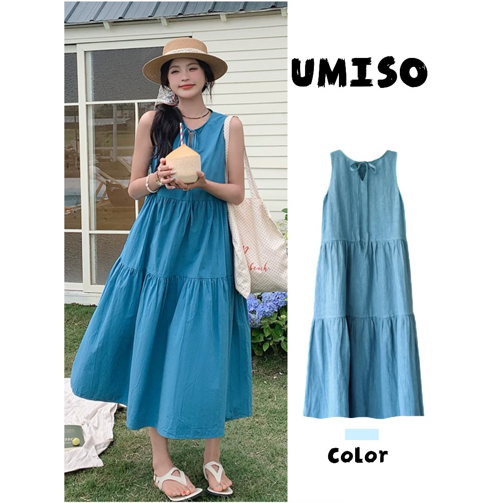 UMISO พร้อมส่ง เดรสแขนกุด ชุดเดรสยาว เดรสคอกลม ชุดเที่ยวทะเล เนื้อผ้าใส่สบาย เดรสทรงหลวม